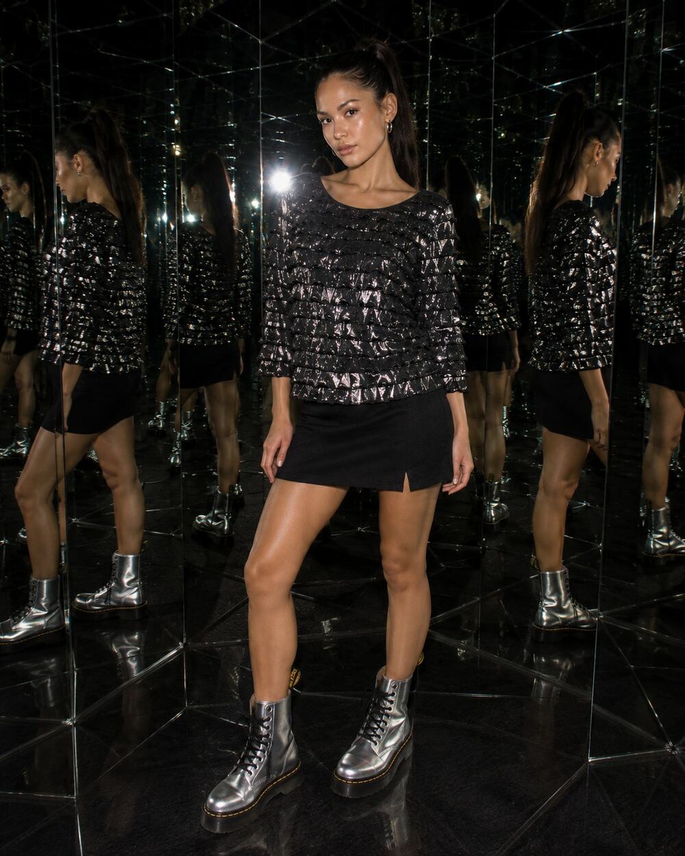 Notations Black Silver Metallic Ruffle Sheer Top Size XL Made in USA